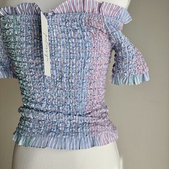 Petersyn Kinsey Top Ruffle Smocked Off The Shoulder Blue Pink Vacation XS NWT - Picture 5 of 9